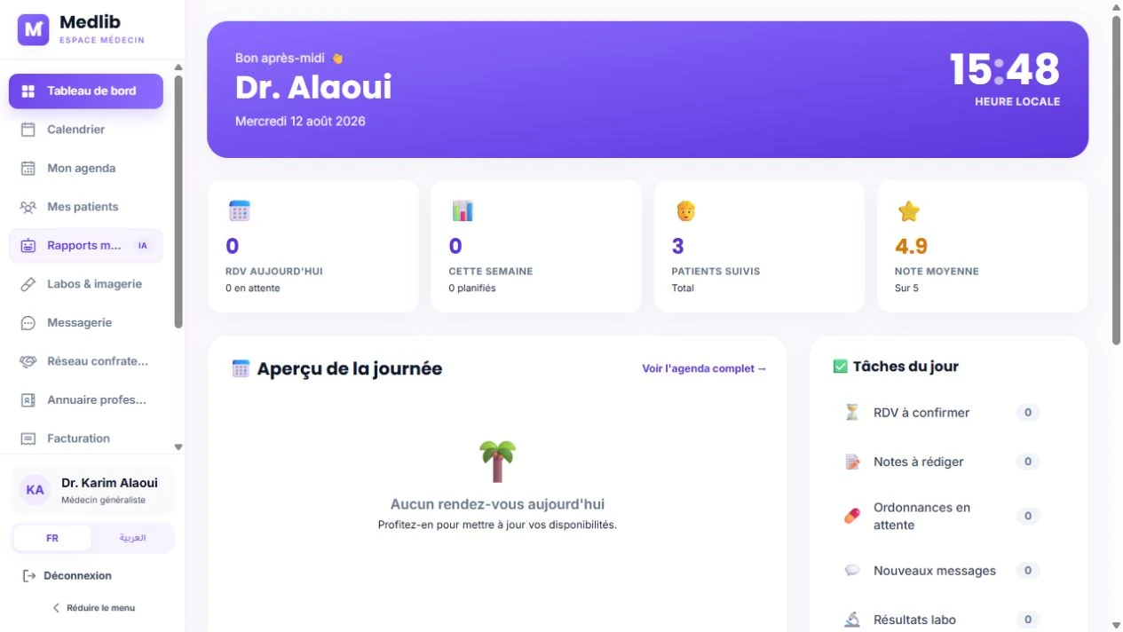 Tableau de bord médecin Medlib